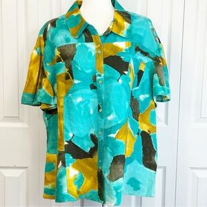 NWT Marianne 3X Aqua Green Combo Print Short Sleeve Button Up Shirt